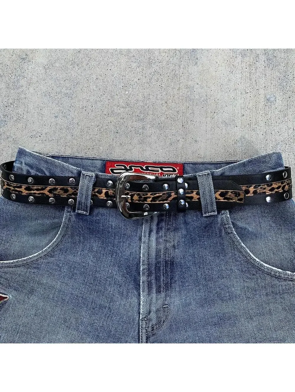 Cheetah print studded silver belt buckle belt. Punk gothic y2k style. 37 inches